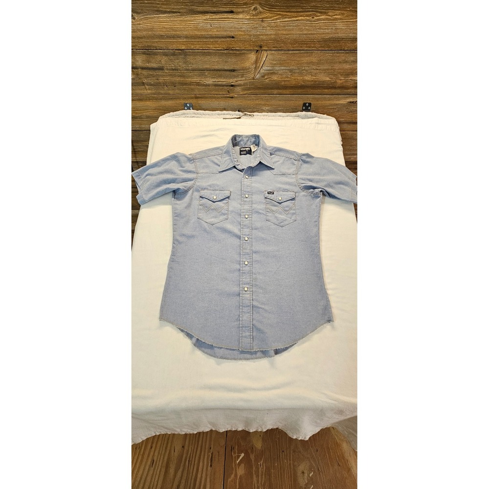 Vintage Wrangler Western Shirt Mens 16 Blue Pearl Snap Short Sleeve Made in USA